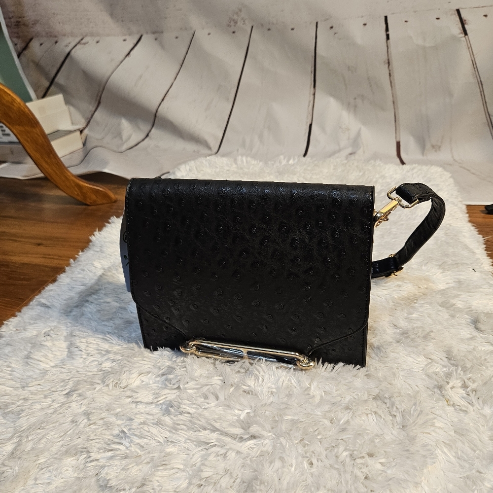 Black‎ Ostrich Embossed Crossbody Bag Gold Accent Evening Party Purse